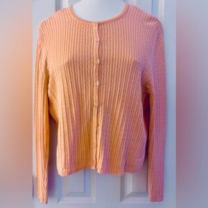 Irresistibles sz L peach cable knit cardigan, cotton, PTP 21”, length 23”, EUC